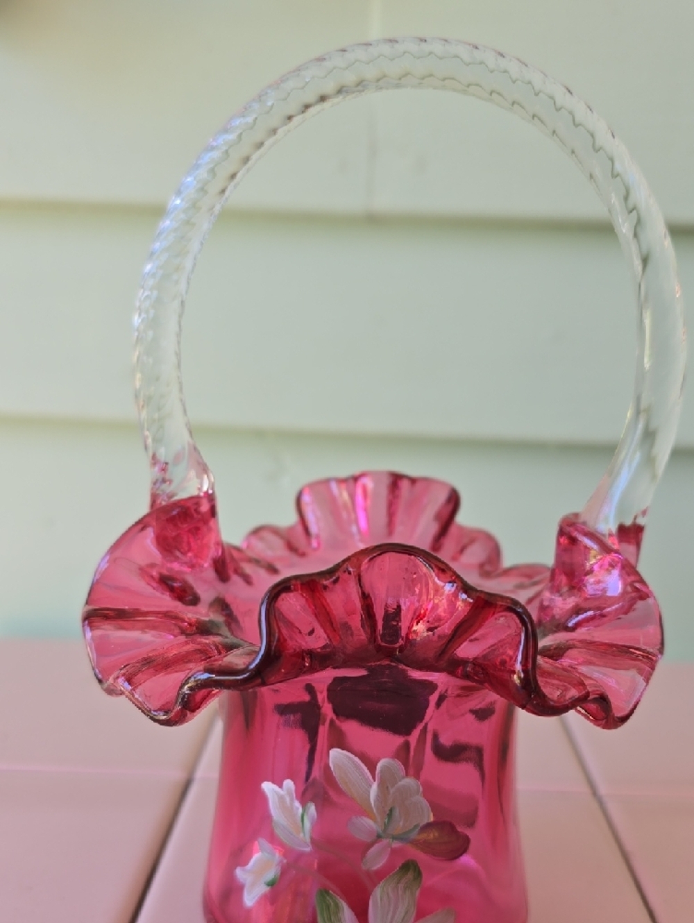 Fenton Cranberry Red Ruffled Vase and Basket Set with Hand-Painted Pansies - Picture 6 of 8